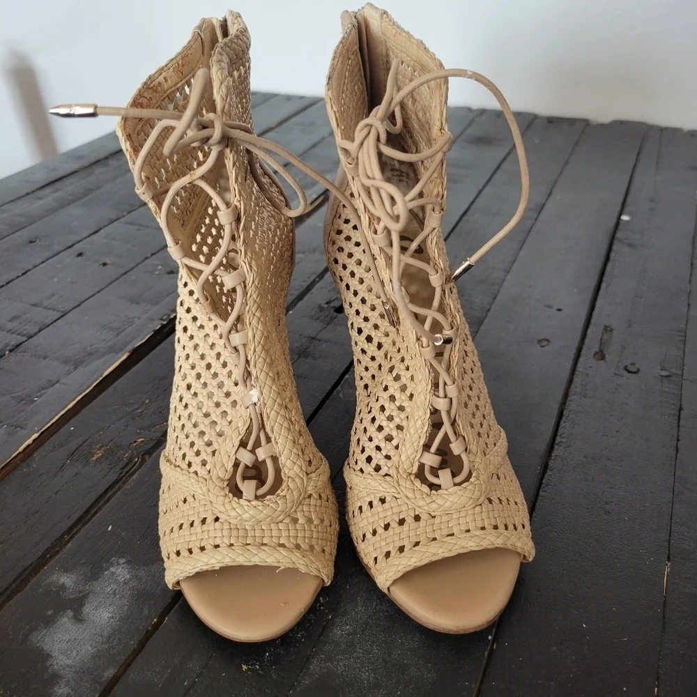 Sam Edelman Abbie Woven Heels Women's 6 Tan Beige Lace Up Stiletto Dressy